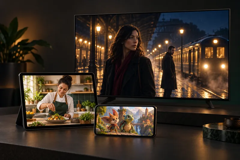 Fernseher, Tablet und Handy mit verschiedenen Unterhaltungsszenen.