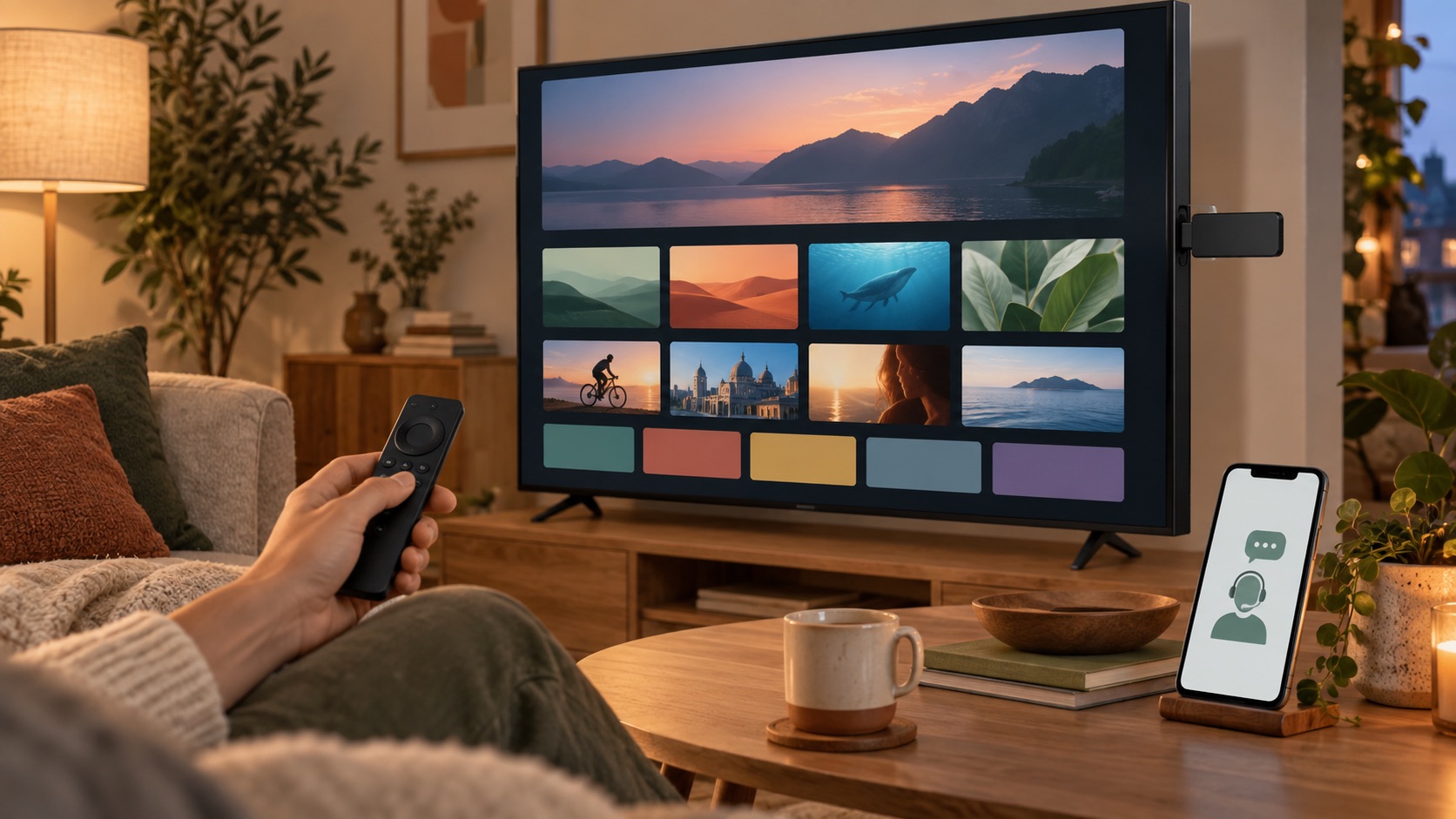Illustration eines Fernsehers mit Streaming-Stick und Fernbedienung bei der Einrichtung von Luma Player