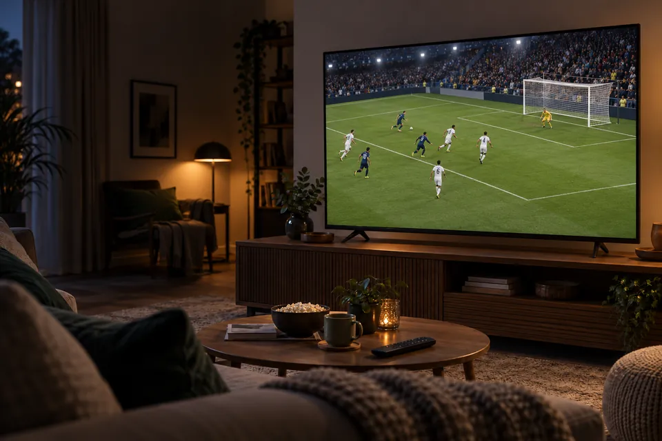 Ein Fußballabend auf einem Fernseher zu Hause; Symbolbild.