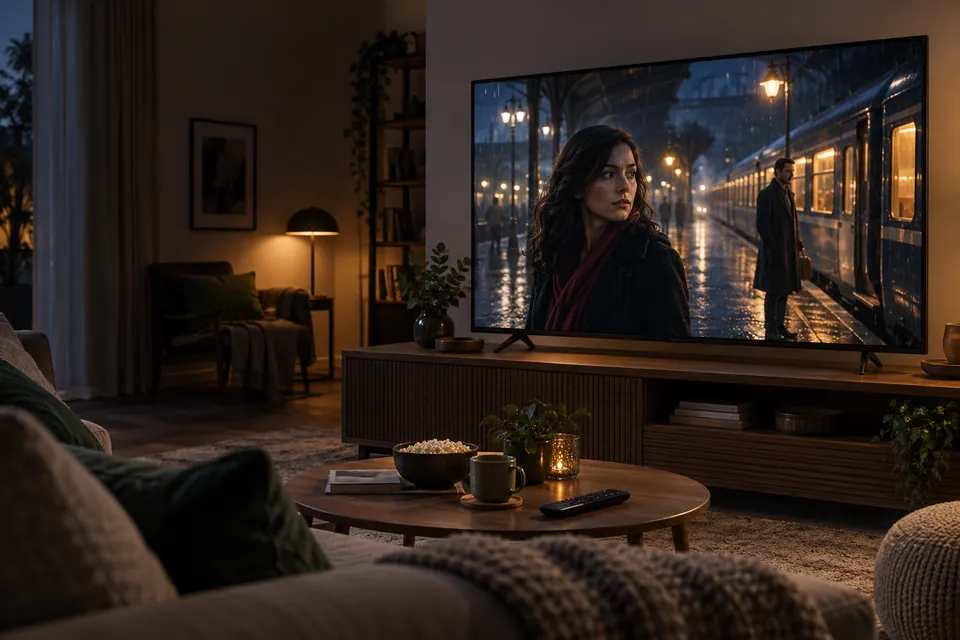 Ein Fernsehabend zu Hause, auf dem Bildschirm läuft ein Film.