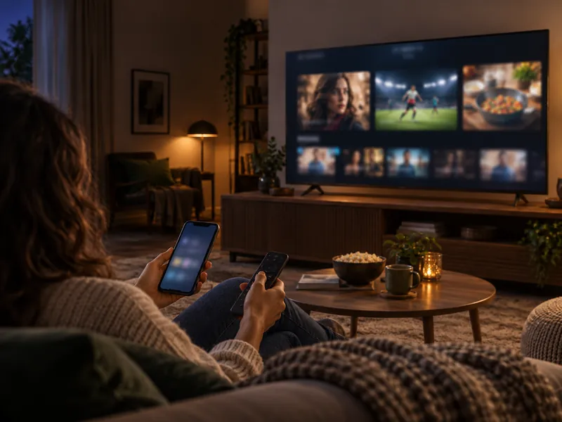 Eine Person mit Handy und Fernbedienung richtet den Fernseher vom Sofa aus ein.